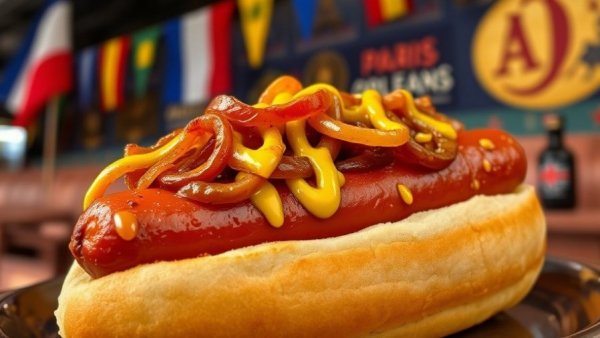 Gourmet Paris-New Orleans stadium dog with onions and honey mustard.