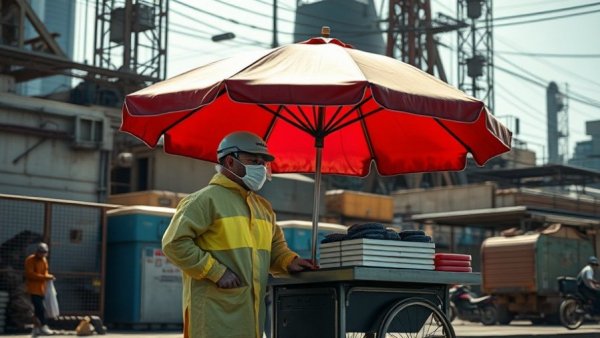 Street vendor under umbrella amid urban setting in Boyle Heights.