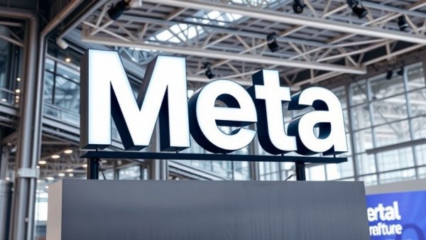 Meta logo sign at exhibition center, Meta trial and young minds impact