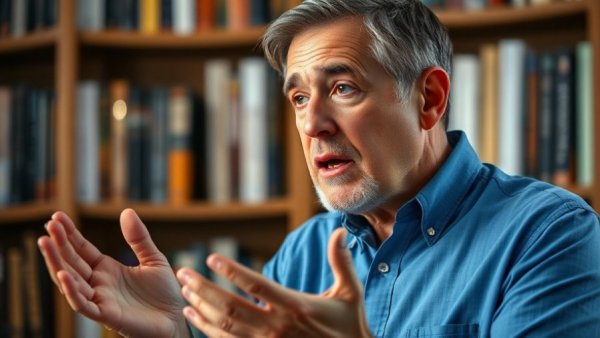 Middle-aged man explaining low vs high potassium warning signs, soft lighting.