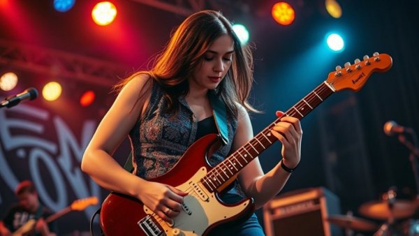 Phoebe Bridgers performs on stage with an electric guitar.