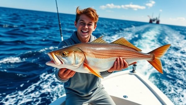 Fishing Adventures Off the Louisiana Coast: Young angler with a large catch by an oil rig.