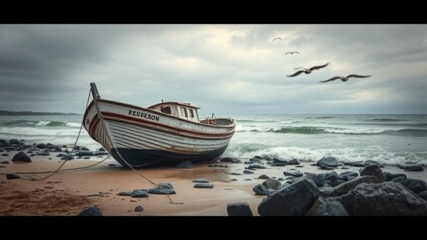 Fishing boat runs aground on Louisiana beach with gentle waves.