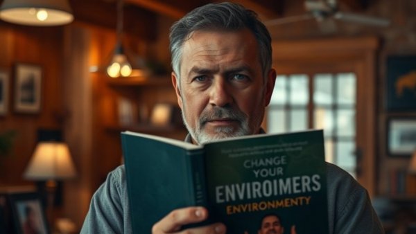 Importance of environment over diet concept with man holding book.