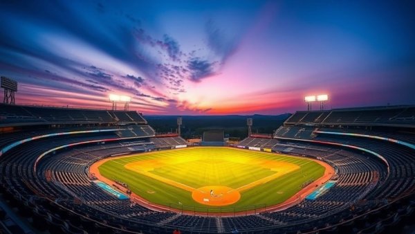 Vibrant baseball stadium in Louisiana at twilight.