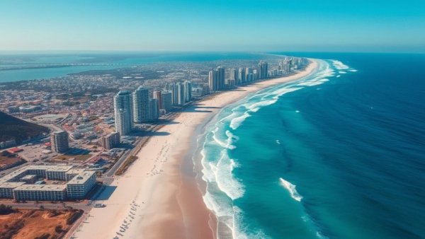 Aerial view of vacation rentals along a sandy coast.