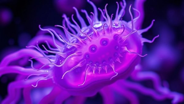 Microscopic view of brain-eating amoeba stained in purple hues