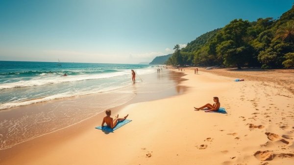 Serene beach scene with people enjoying the sun.