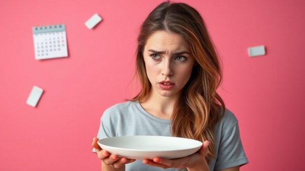 Frustrated woman with empty plate and fasting mistakes concept.