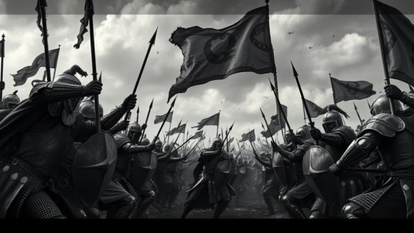 Epic medieval battle scene depicting knights in combat, recalling the Battle of Hastings.