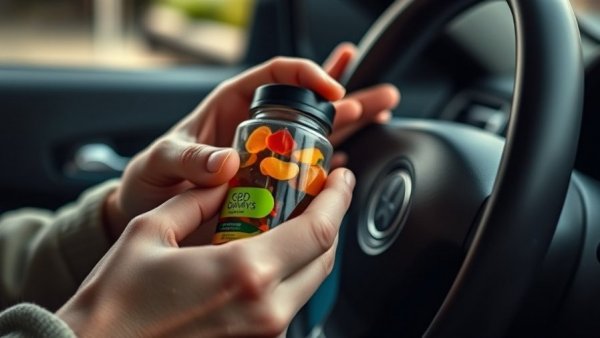 Marijuana and driving safety for older adults: hands with CBD gummies and steering wheel.
