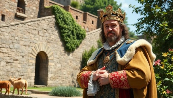Henry VIII and historical site explorer at ancient stone wall