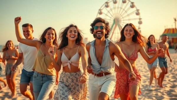 Group of friends enjoying summer at a beach party with ferris wheel backdrop.