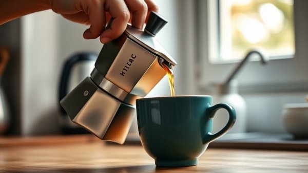 Hand pouring coffee from Moka pot into cup in kitchen.