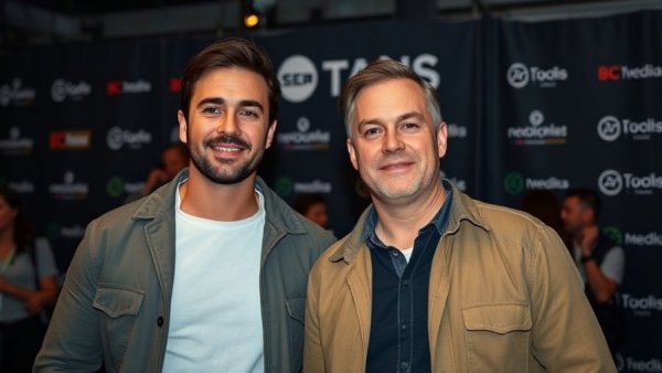Two men at a media event, relaxed expressions, Chainsmokers concert context.