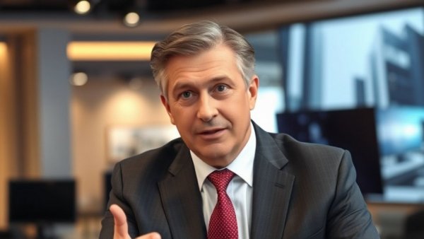 Middle-aged man on TV interview discussing news