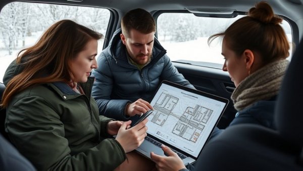 Researchers analyze medieval convent site on tech devices in snowy vehicle.