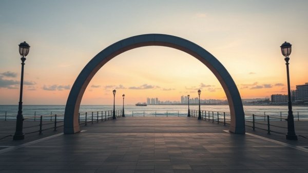 Serene Durban promenade at dawn with ocean view and archway.