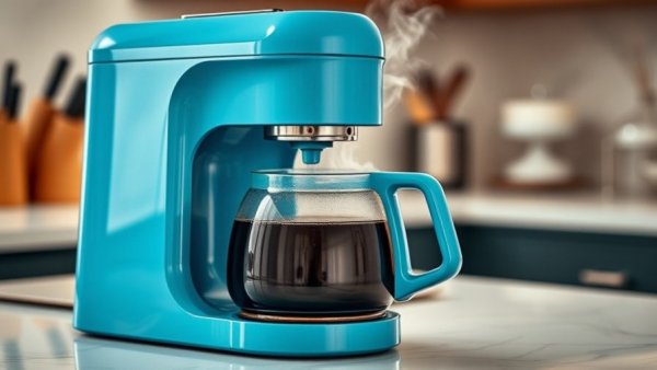 Modern blue coffee maker brewing in kitchen setting