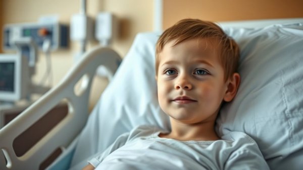 Young boy in hospital bed alert and comfortable.