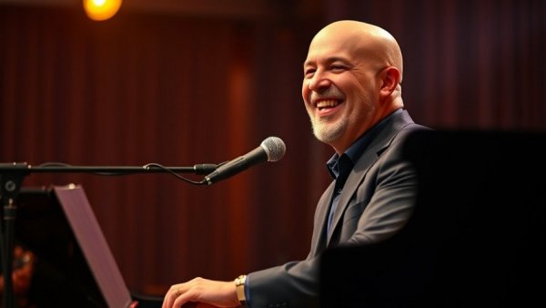 Smiling musician at piano during performance, warm stage lighting.