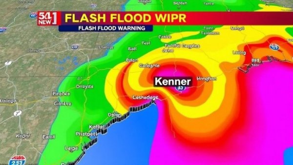 Weather map indicating flash flood warning in Jefferson Parish, highlighting Kenner.