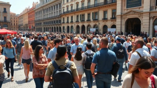 Crowded European square, diverse travelers exploring historic site.