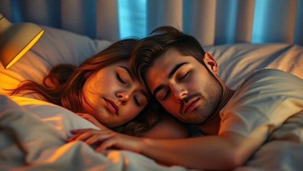 Couple sleeping with warm lamp light, nighttime light exposure.