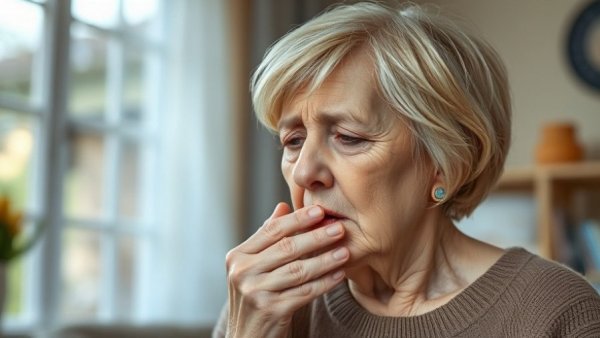 Elderly woman coughing at home, related to Legionnaires' disease outbreak.