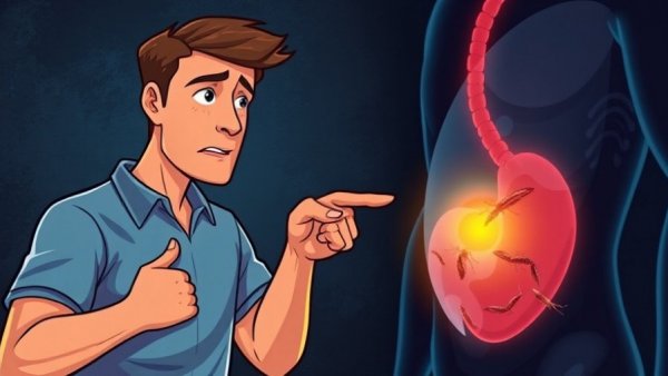 Graphic illustrating signs of intestinal parasites with male figure pointing at stomach