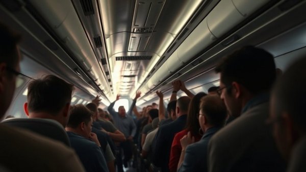 Midair brawl incidents occur inside a busy airplane cabin, chaos in aisles.