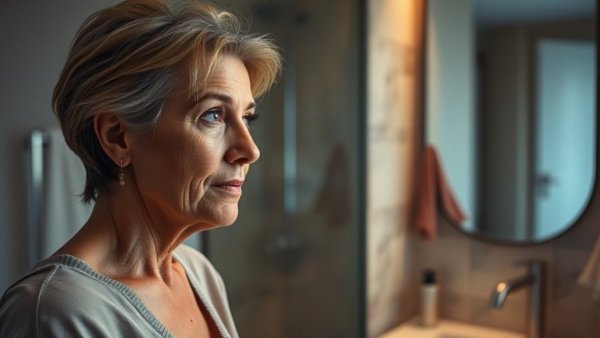 Middle-aged woman contemplating facelift while looking in mirror.
