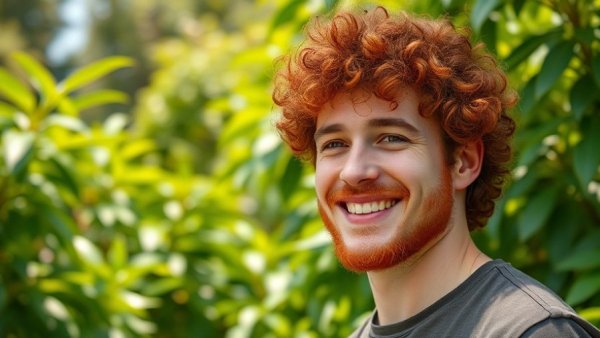 Curly red-haired man smiling in a lush garden background.