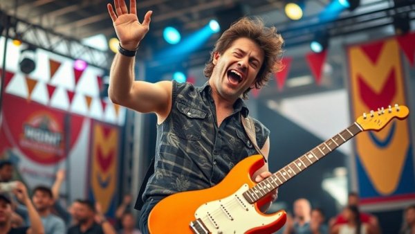 Musician playing guitar passionately on stage with banners.