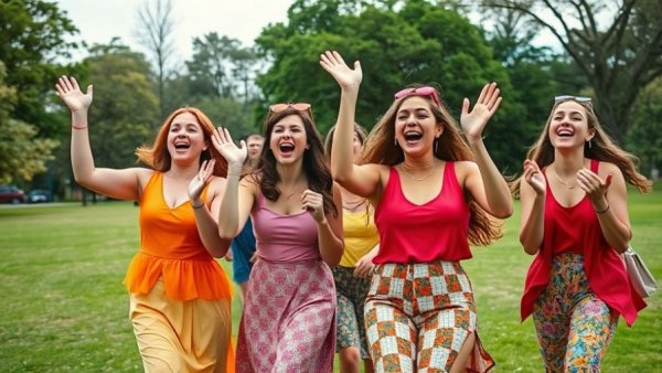 Women celebrating outdoors in colorful outfits, vibrant and dynamic scene.
