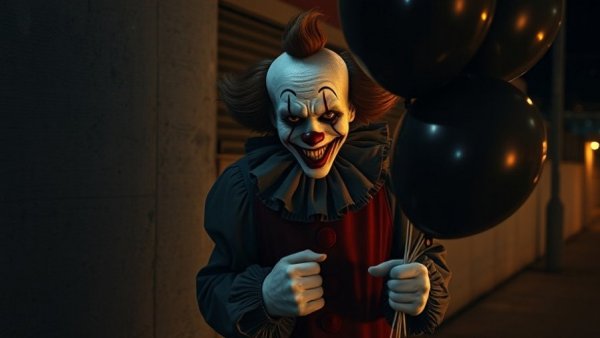 Creepy clown holding black balloons in a dark urban setting.