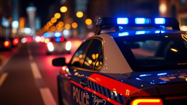 Police car with flashing lights at night, city background.