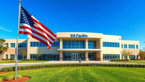 Modern VA facility New Orleans East with American flag and entrance