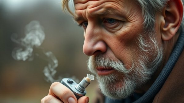 Middle-aged man vaping outdoors with a blurred background