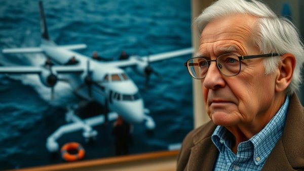 Elderly man beside plane landing on water scene
