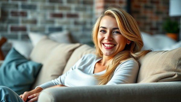 Dolly Parton Day activities celebrated with smiling woman on a couch.