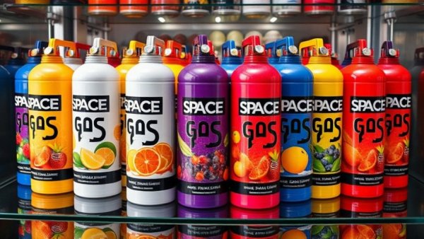 Galaxy Gas health risks: Colorful Space Gas canisters on display.
