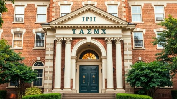 LSU fraternity house entrance during hazing investigations, brick facade