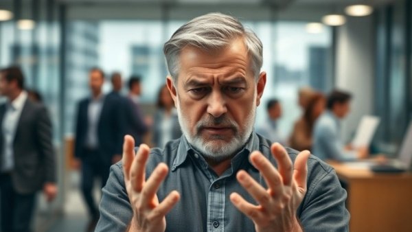 Stressed man in office holding head, dementia signs concern.