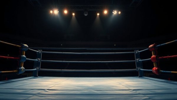 Empty boxing ring corner with blue ropes under soft lighting.