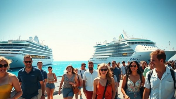 Vacationers on a sunny cruise pier with ships in the background.