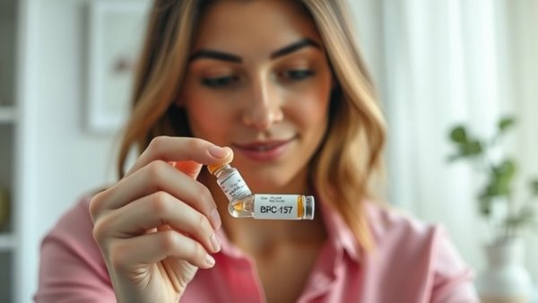 Close-up of woman examining BPC-157 peptide, potential for healthy aging