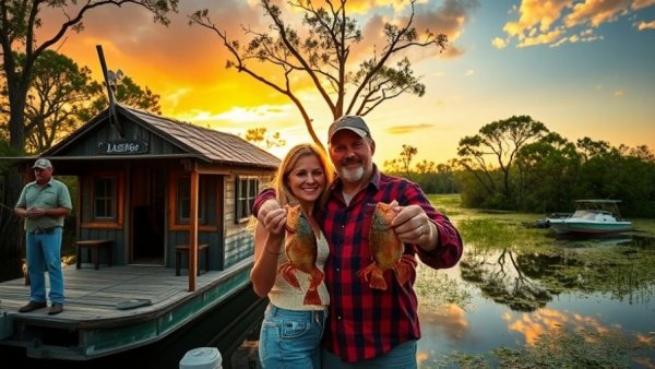 Couple enjoy Louisiana swamp houseboat adventures with fresh catch at sunset.