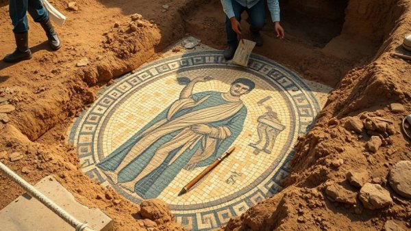 Alexander the Great mosaic and archaeological excavation site discoveries.