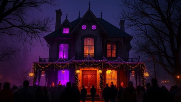 Ghost Manor Halloween performance with spooky house decorations.